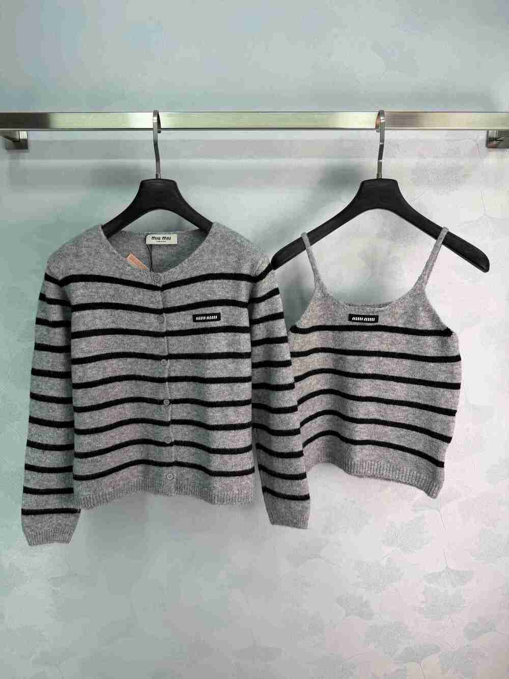 Miu Miu Grey & Black Striped Knit Cardigan Set
